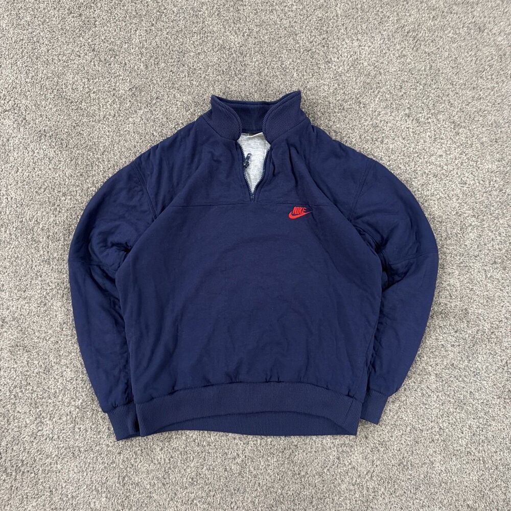 Vintage 80s Nike 1/4 Zip Sweatshirt Mens M Navy Red Swoosh Pullover USA Era
